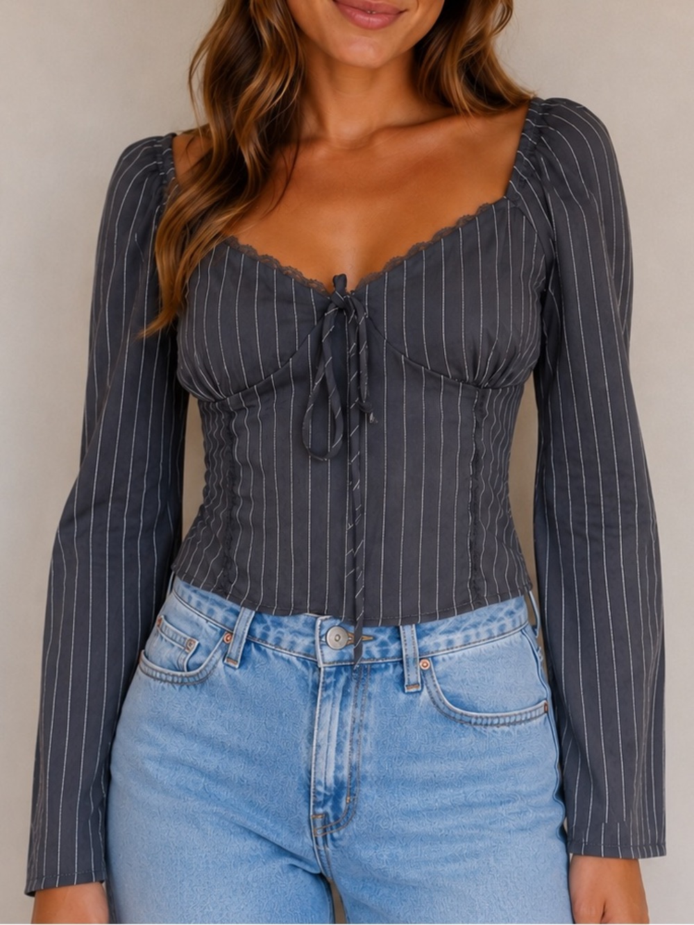 Pie in the Sky Pinstripe Lace Trim Tie Front Corset Top NWT XL